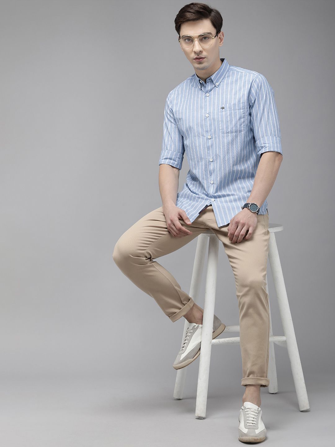 THE BEAR HOUSE Men Blue Slim Fit Pure Cotton Striped Casual Shirt