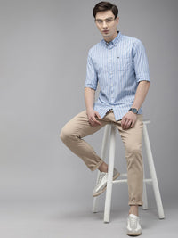 THE BEAR HOUSE Men Blue Slim Fit Pure Cotton Striped Casual Shirt