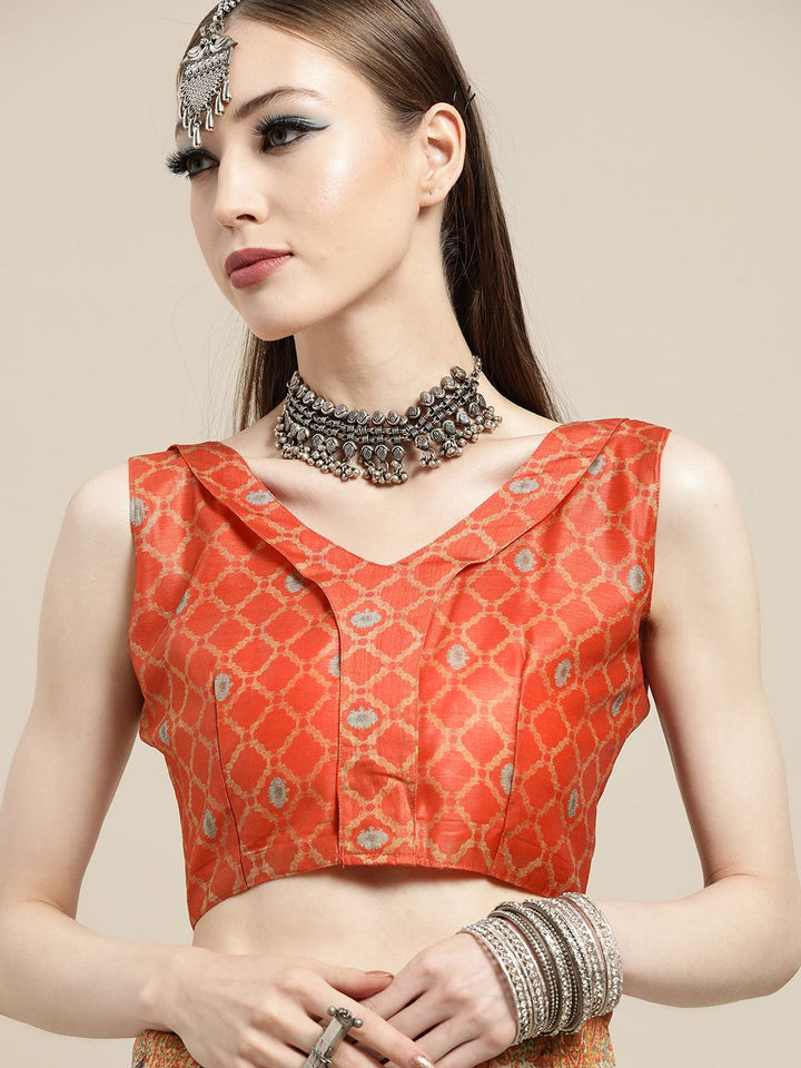 Saree mall Sea Green & Orange Paisley Pochampally Sarees