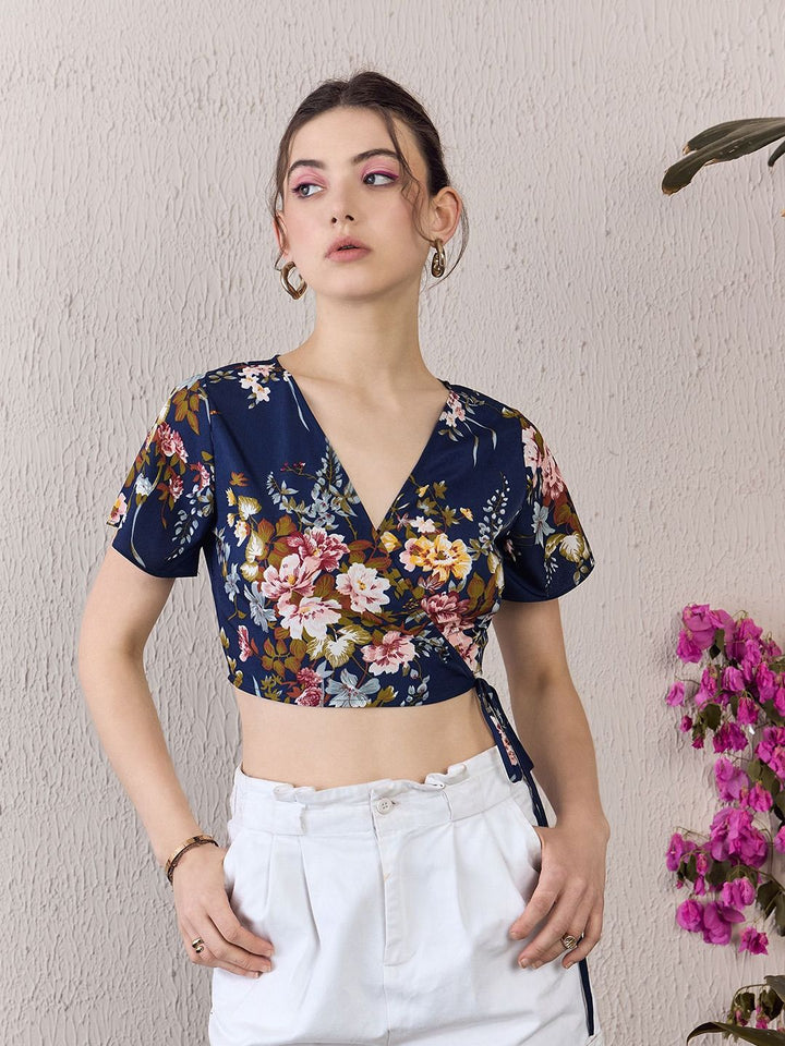 Berrylush Floral Printed Wrap Crop Top