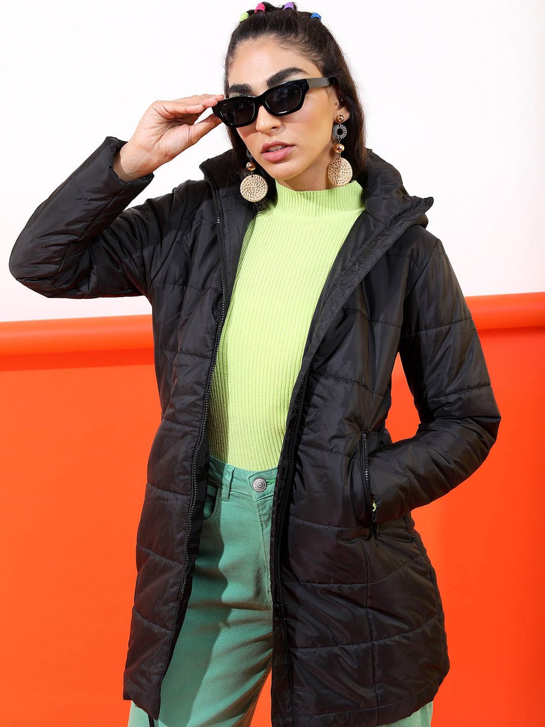 Tokyo Talkies Women Black Striped Puffer Jacket