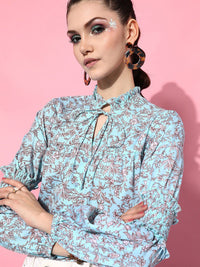 STREET 9 Women Blue Floral Print Tie-Up Neck Shirt Style Top
