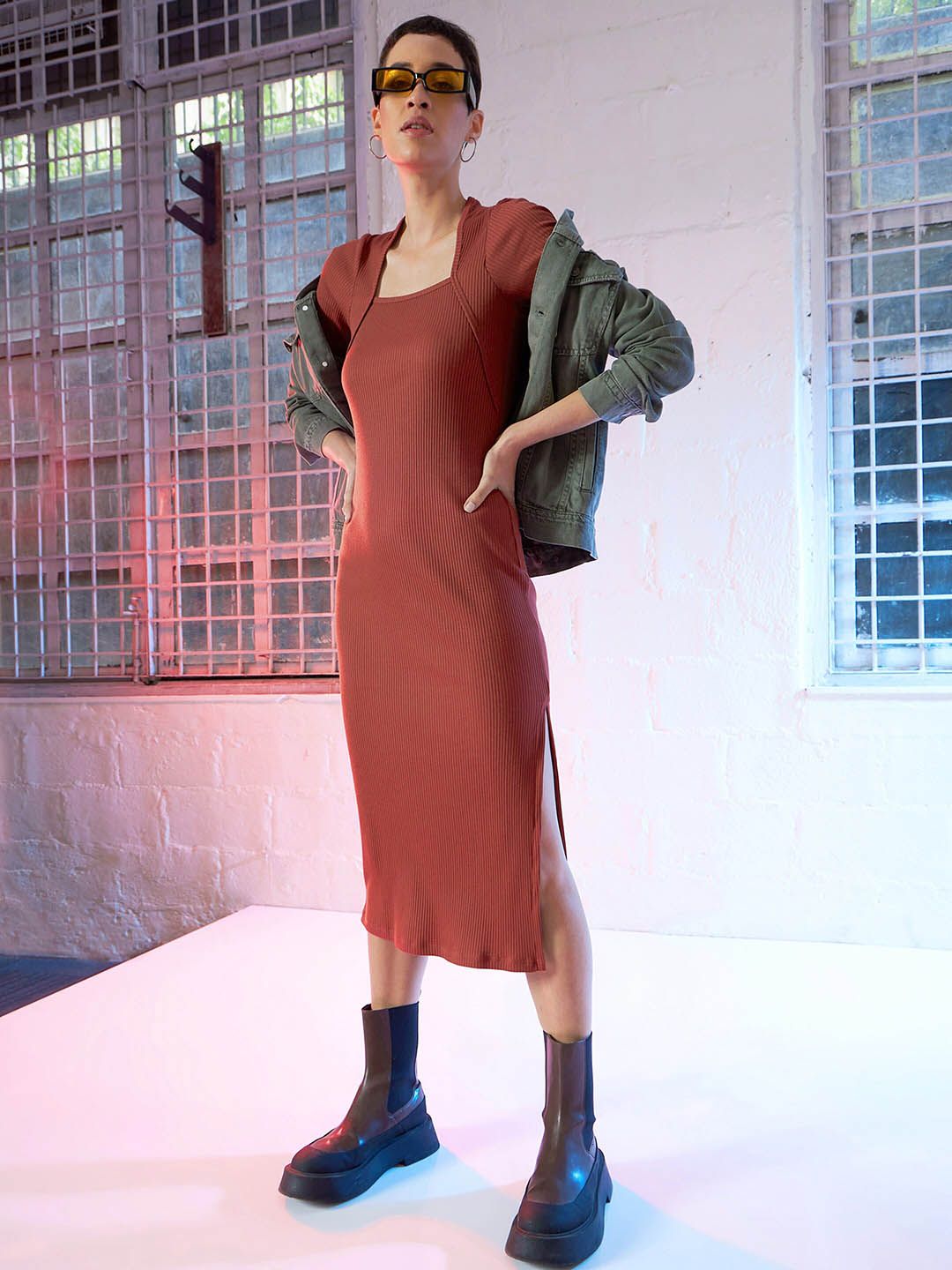 SASSAFRAS Rust Square Neck Long Sleeve Sheath Midi Dress