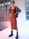 SASSAFRAS Rust Square Neck Long Sleeve Sheath Midi Dress