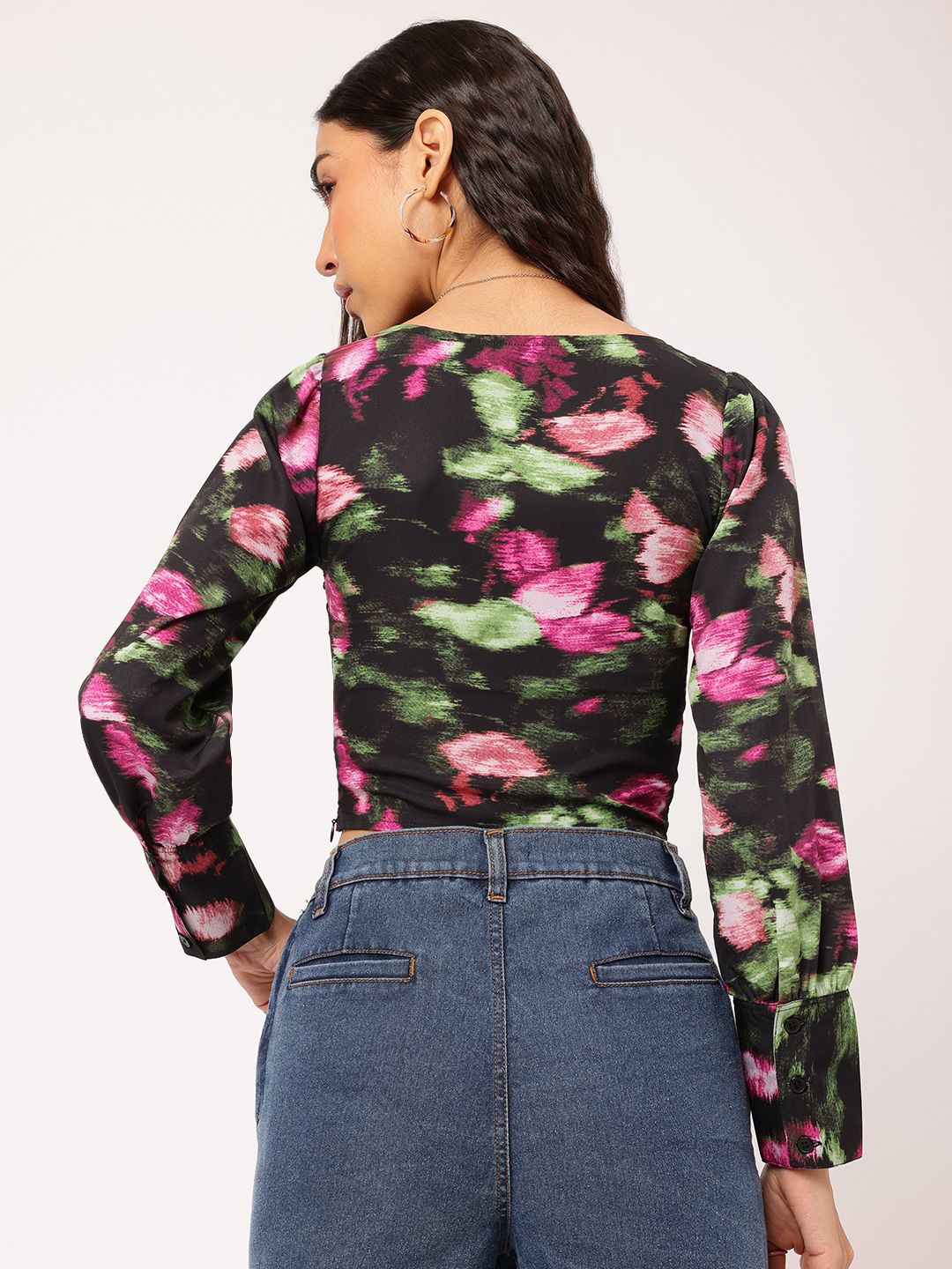 DressBerry Floral Finesse Cuffed Sleeve Crop Top