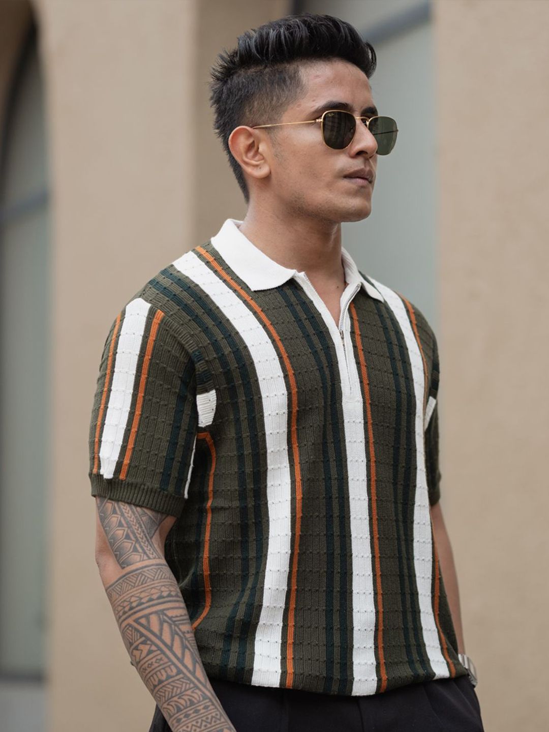 Powerlook Men Striped Polo Collar Pure Cotton T-shirt