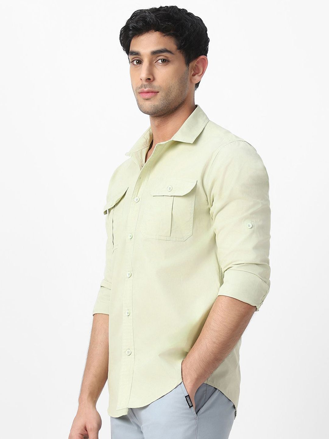 Urbano Fashion Men Spread Collar Solid Cotton Casual Shirt