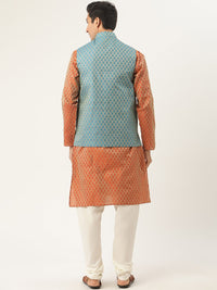 SOJANYA Kurta Motif Etnik Biru Oren & Biru Teal dengan Jaket Churidar & Nehru