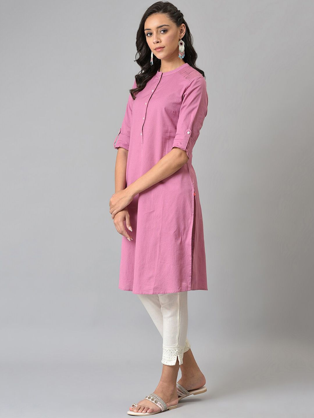 W Pink Roll-Up Sleeves Pathani Kurta