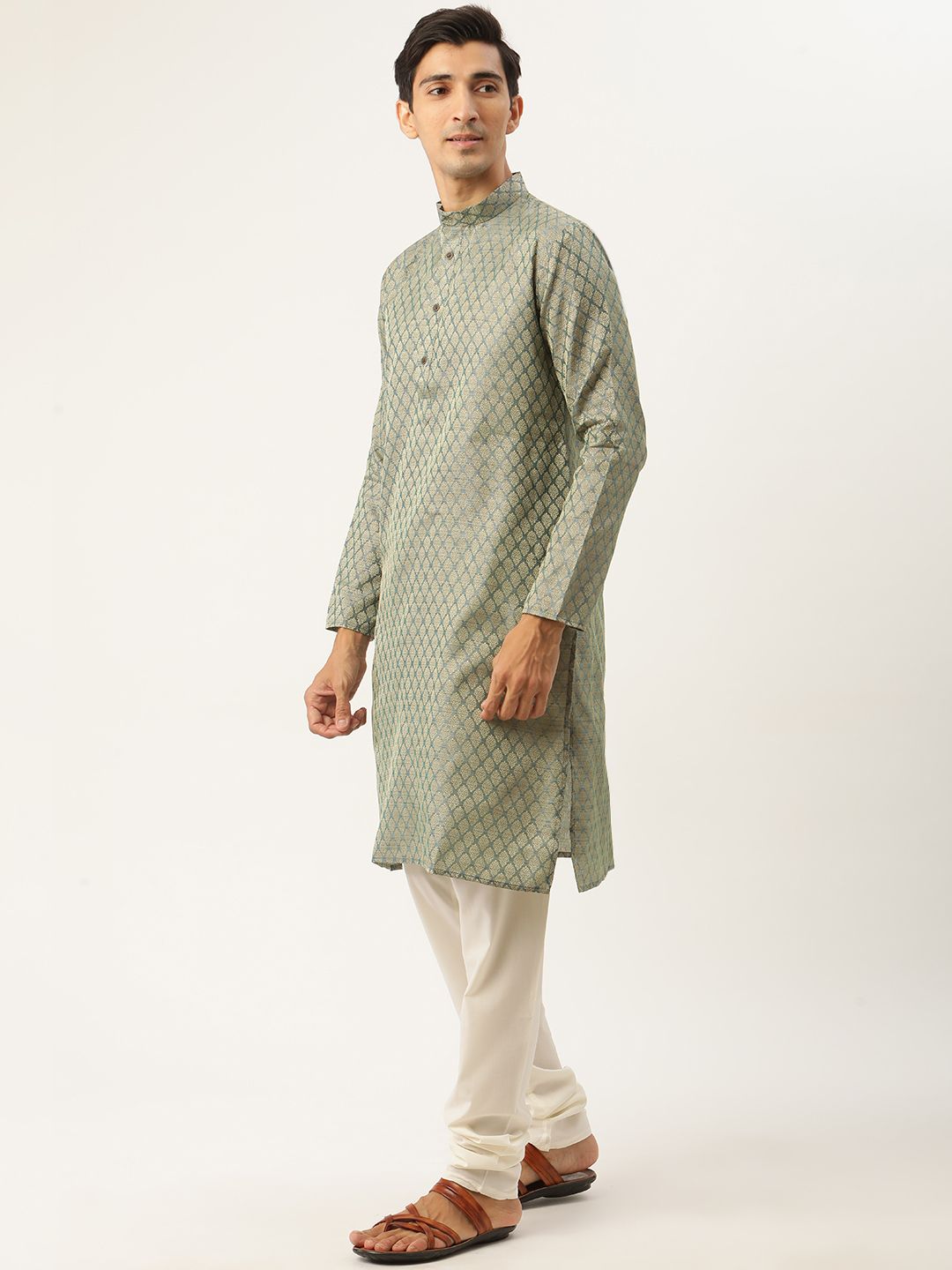 SOJANYA Men Green & Off-White Ethnic Motifs Kurta with Churidar & Nehru Jacket