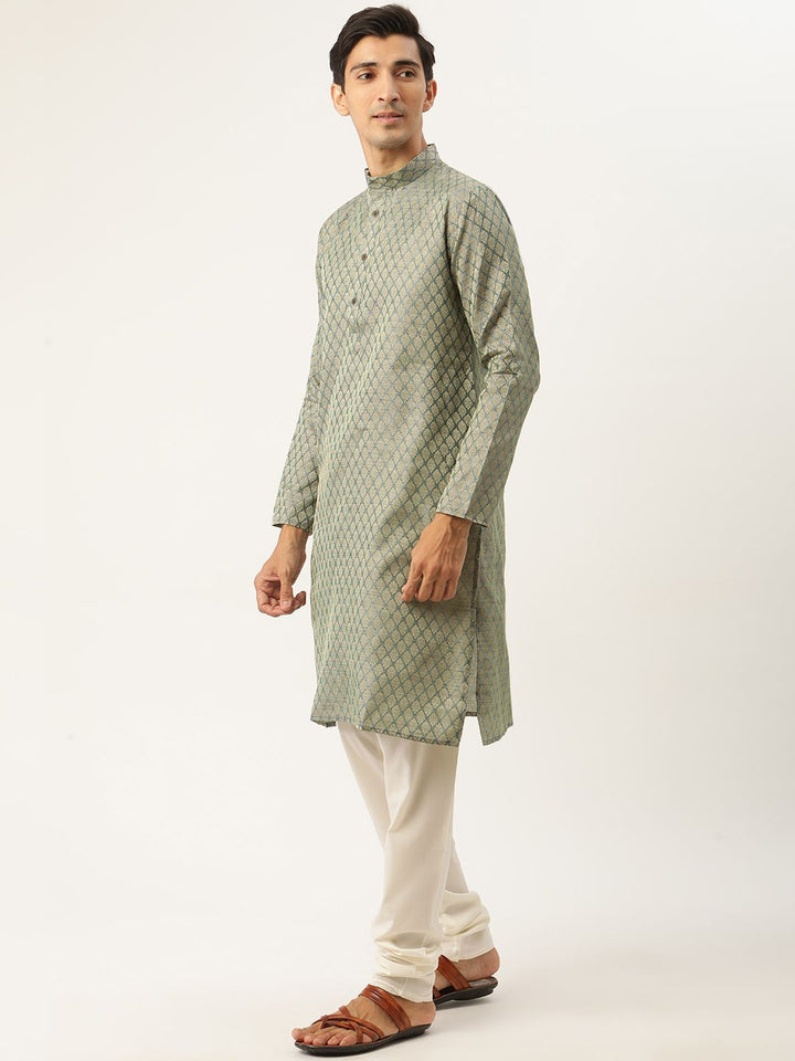 SOJANYA Men Green & Off-White Ethnic Motifs Kurta with Churidar & Nehru Jacket