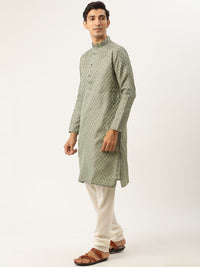 SOJANYA Men Green & Off-White Ethnic Motifs Kurta with Churidar & Nehru Jacket