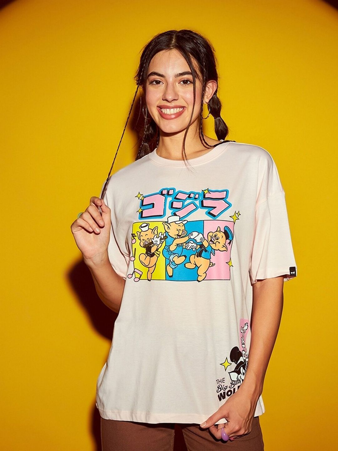 Bewakoof Pink Big Bad Wolf Graphic Printed Oversized Drop Shoulder Pure Cotton T-shirt