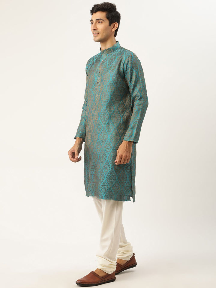 SOJANYA Lelaki Kurta Motif Etnik Biru Teal & Kuning Mustard dengan Jaket Churidar & Nehru