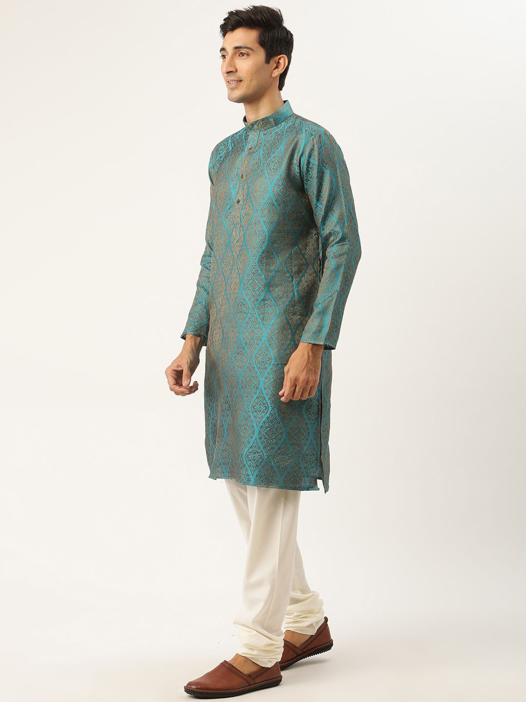 SOJANYA Lelaki Kurta Motif Etnik Biru Teal & Kuning Mustard dengan Jaket Churidar & Nehru