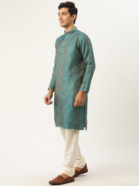 SOJANYA Lelaki Kurta Motif Etnik Biru Teal & Kuning Mustard dengan Jaket Churidar & Nehru