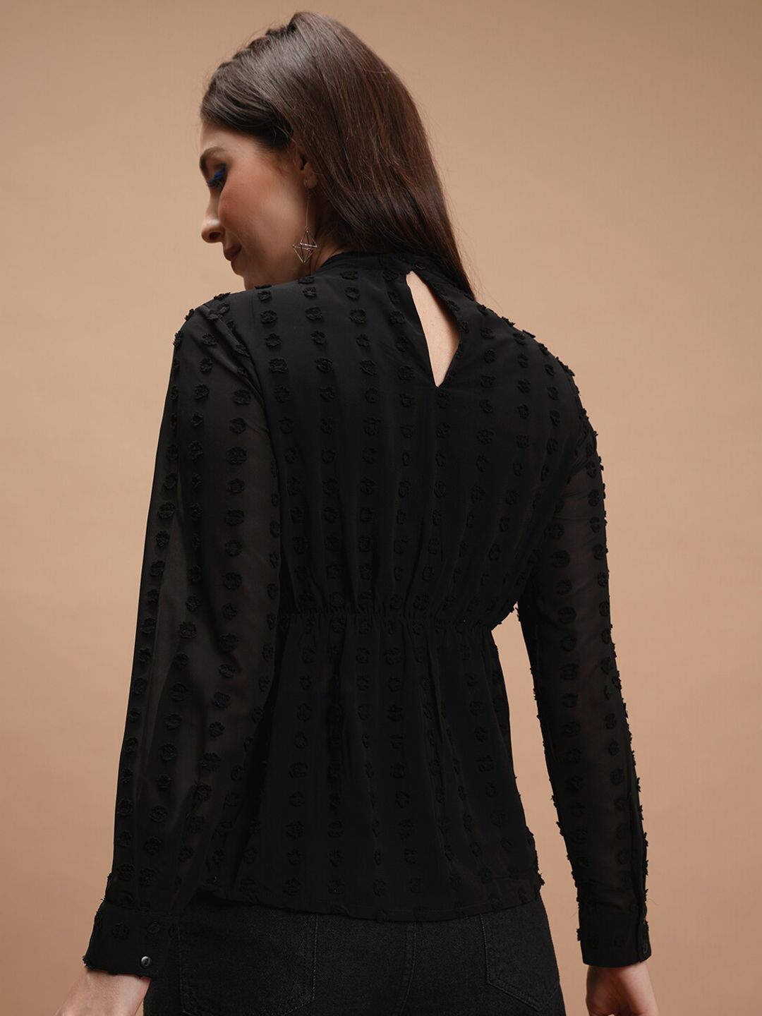 Tokyo Talkies Black Self Design High Neck Peplum Top