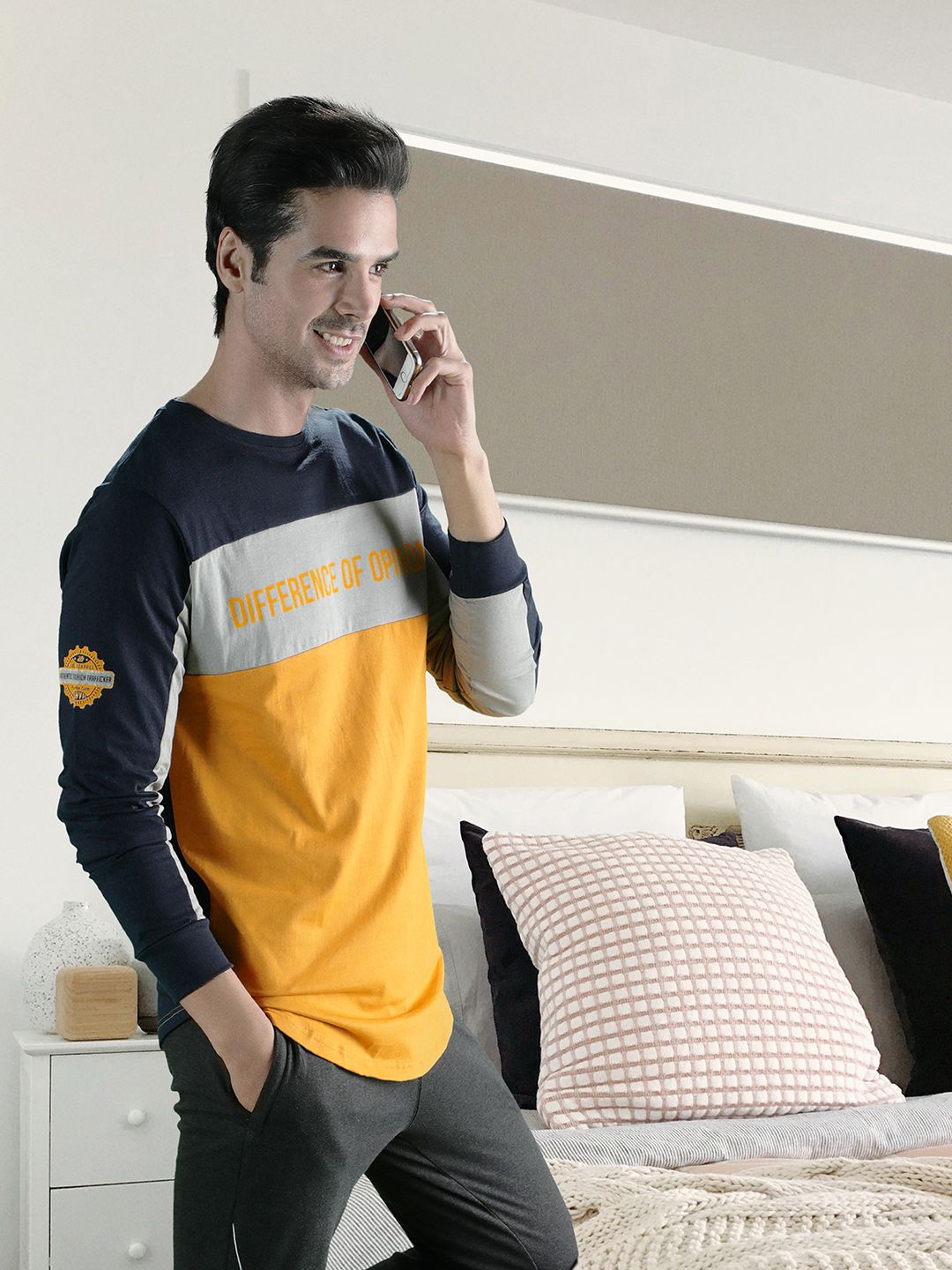 Difference of Opinion Men Navy Blue & Mustard Yellow Colourblocked Round Neck Pure Cotton T-shirt
