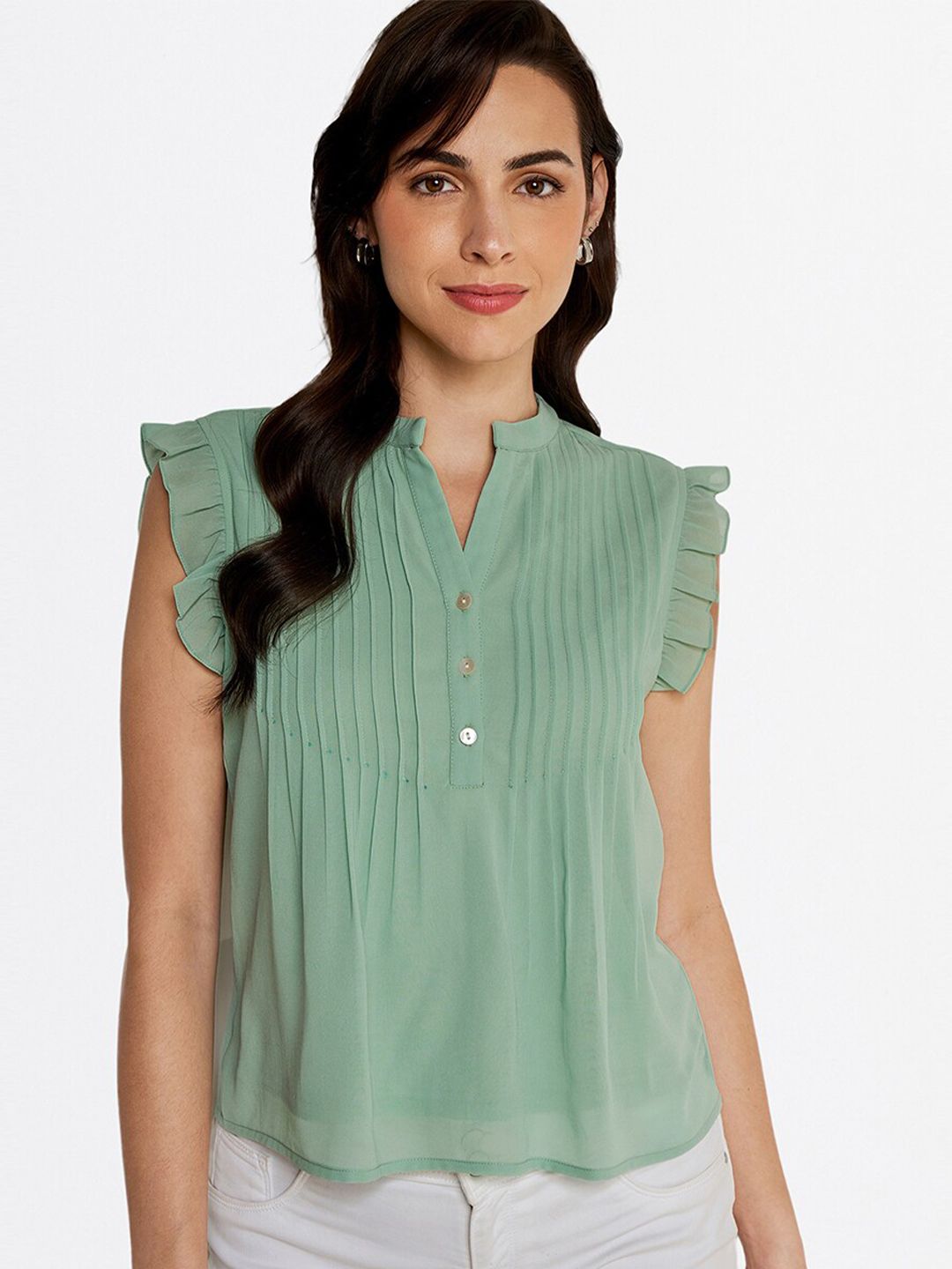 AND Sea Green Mandarin Collar Top