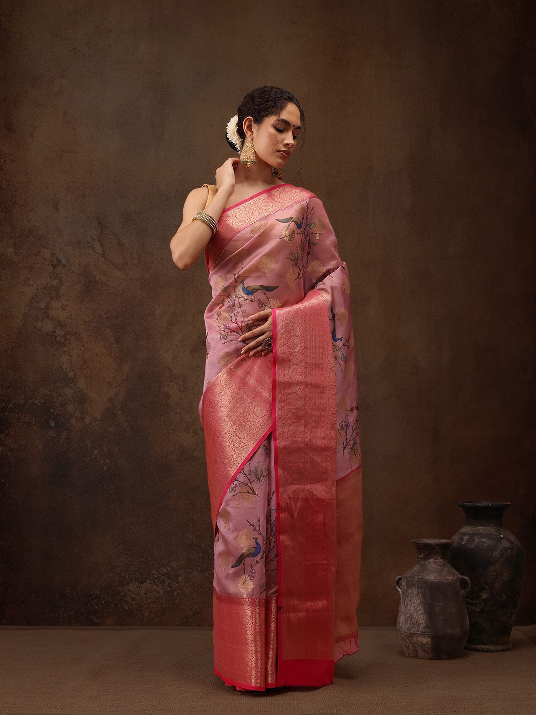 Silk Land Woven Floral Art Silk Chanderi Digital Print Saree