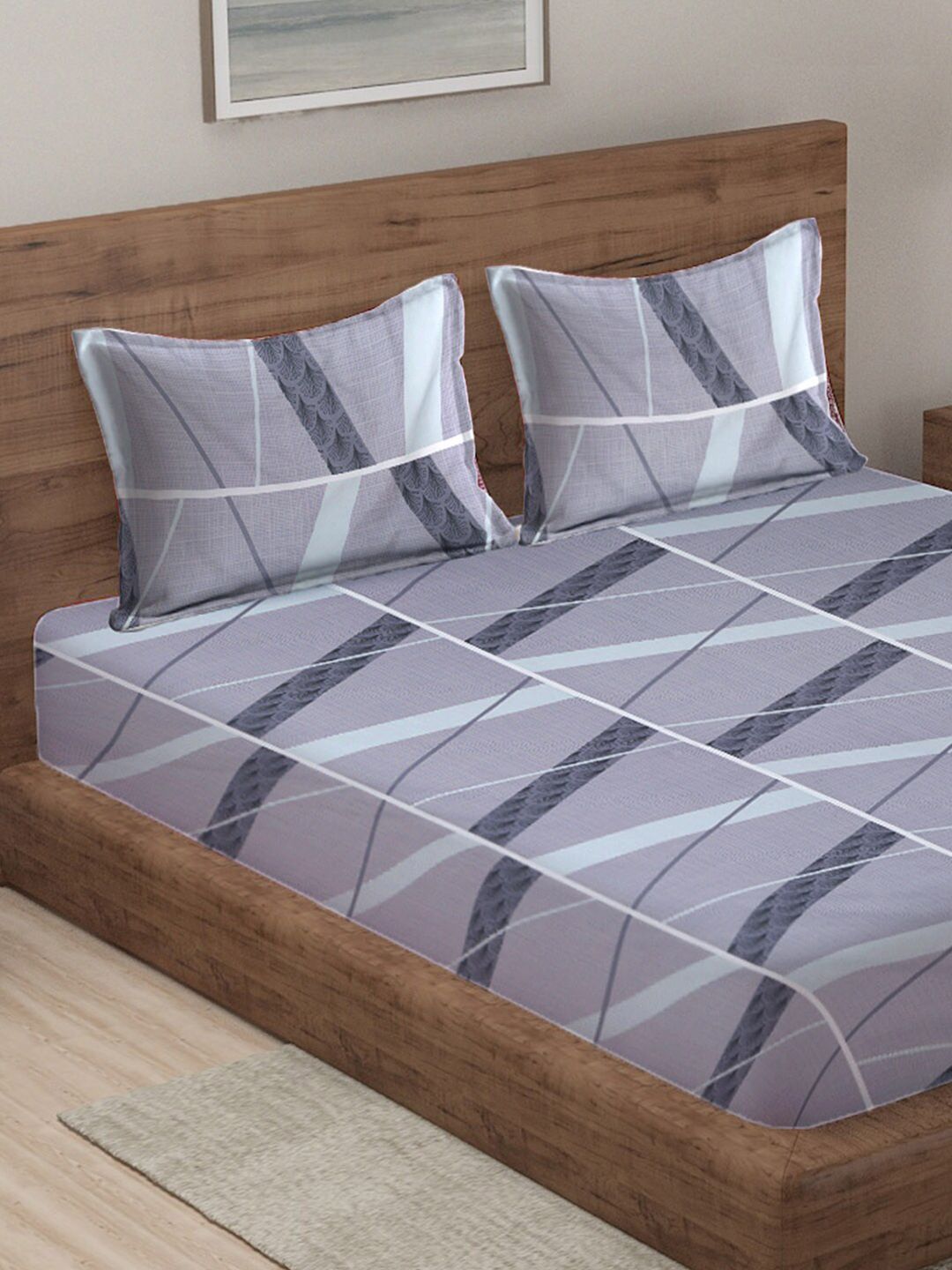 KLOTTHE Grey Geometric Polycotton 210 TC King Halus Cadar dengan 2 Sarung Bantal-98 x 89 inci