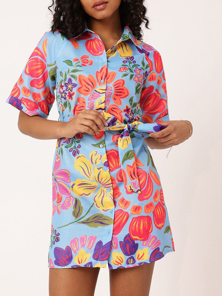 DressBerry Holiday Glam Floral Printed Shirt Style Mini Dress With Waist Tie-Up