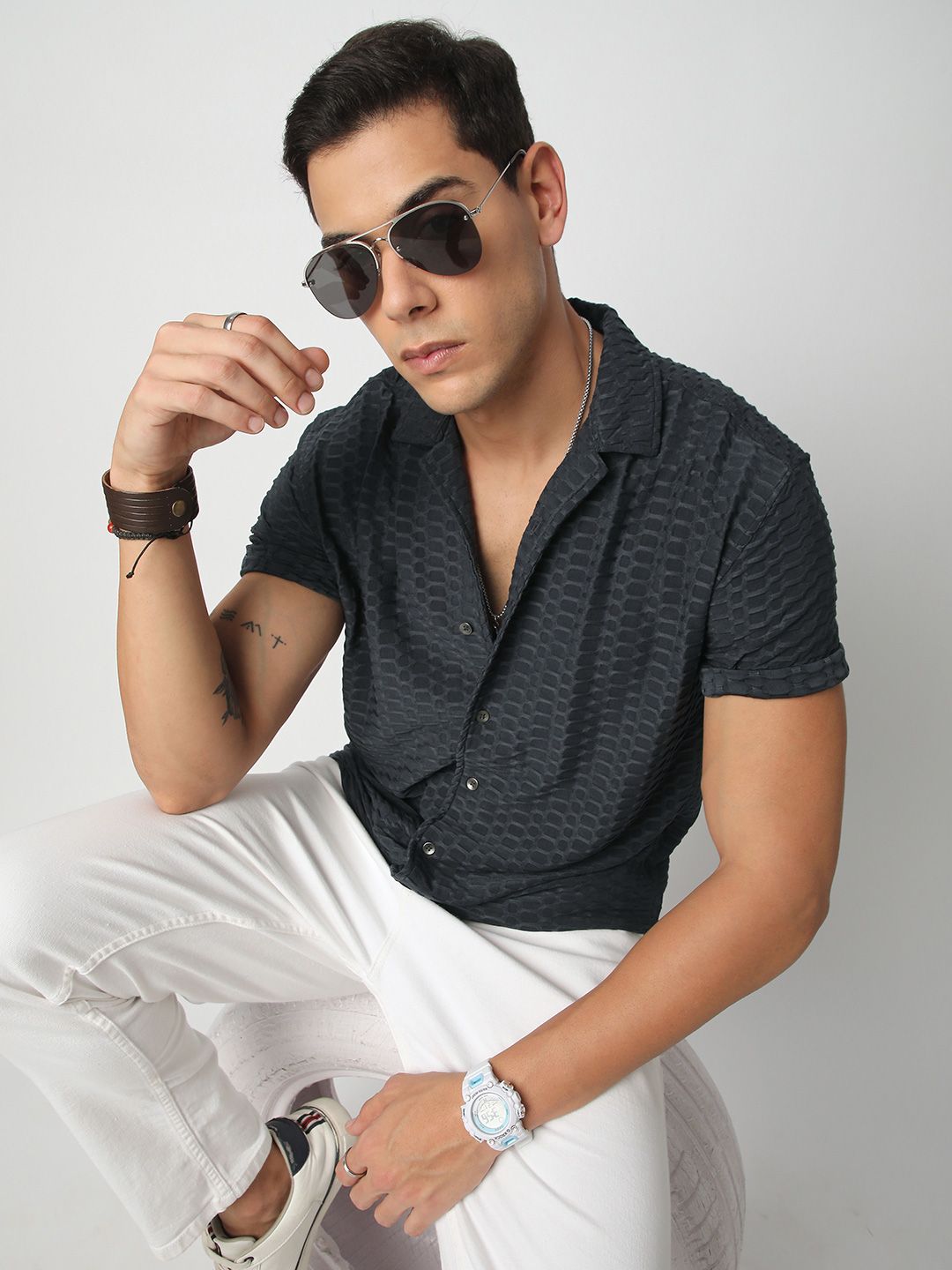 VASTRADO Men Classic Cuban Collar Textured Oversized Casual Shirt