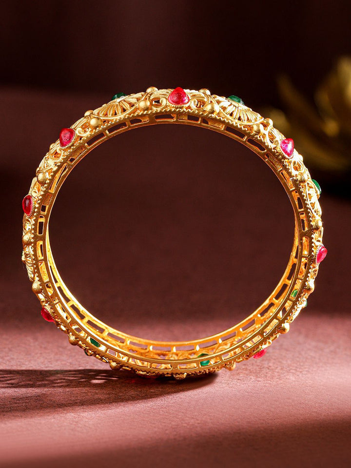 Rubans Set of 2 24K Gold-Plated Handcrafted Bangles with Ruby Red & Emerald Green Stones