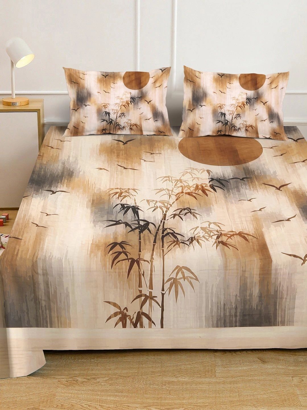 Klotthe Beige & Brown Floral Printed Fitted 400 TC King 7D Bedsheet With 2 Pillow Cover