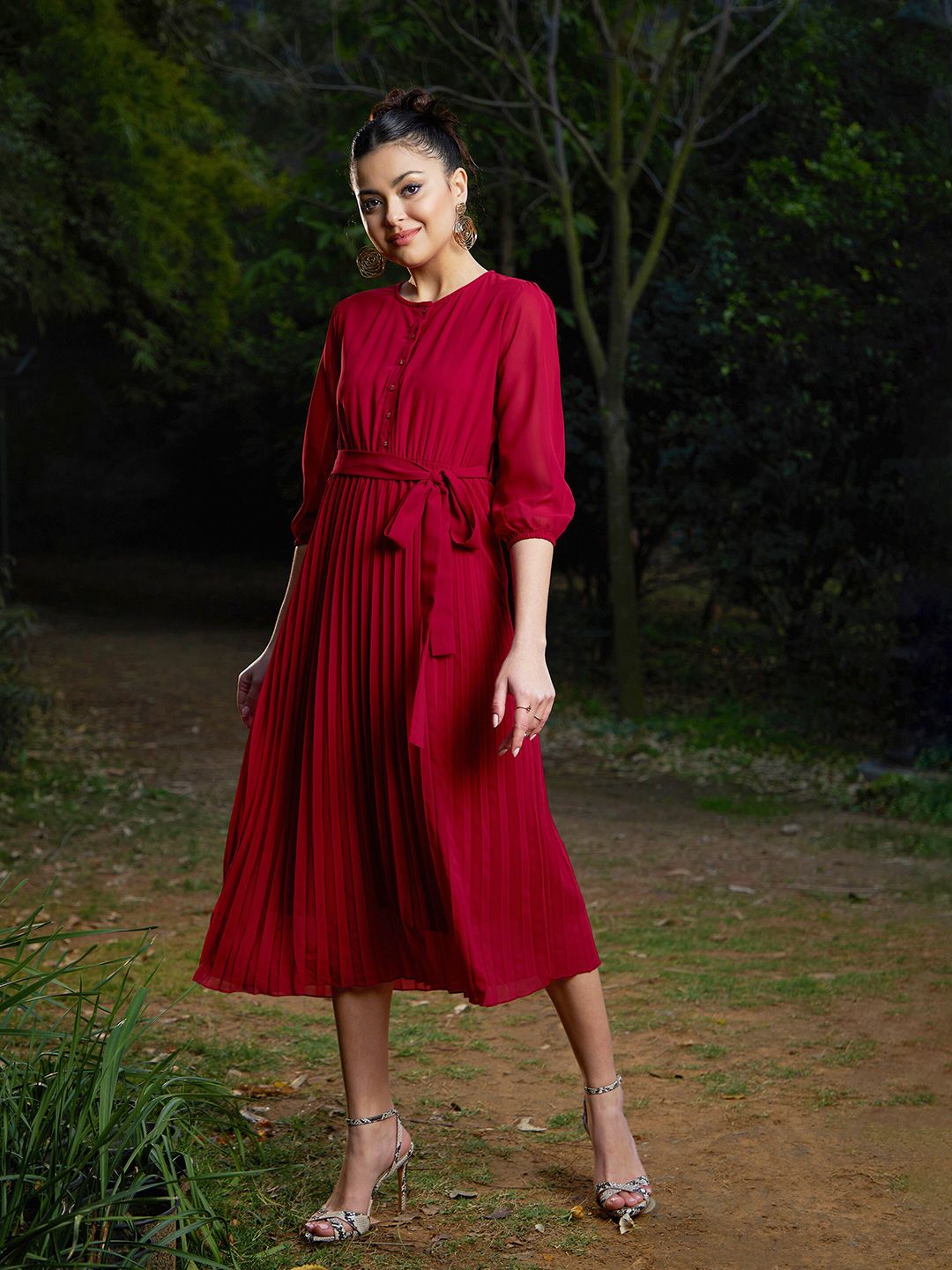 SASSAFRAS Striped Puff Sleeves A-Line Dress