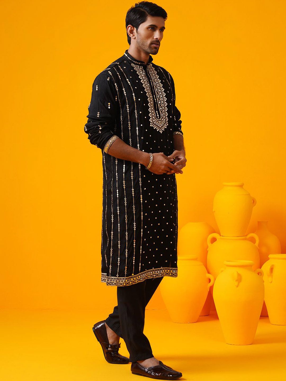 SOJANYA LUXE Geometri Cermin Kerja Mandarin Collar Kurta Sutera Lurus