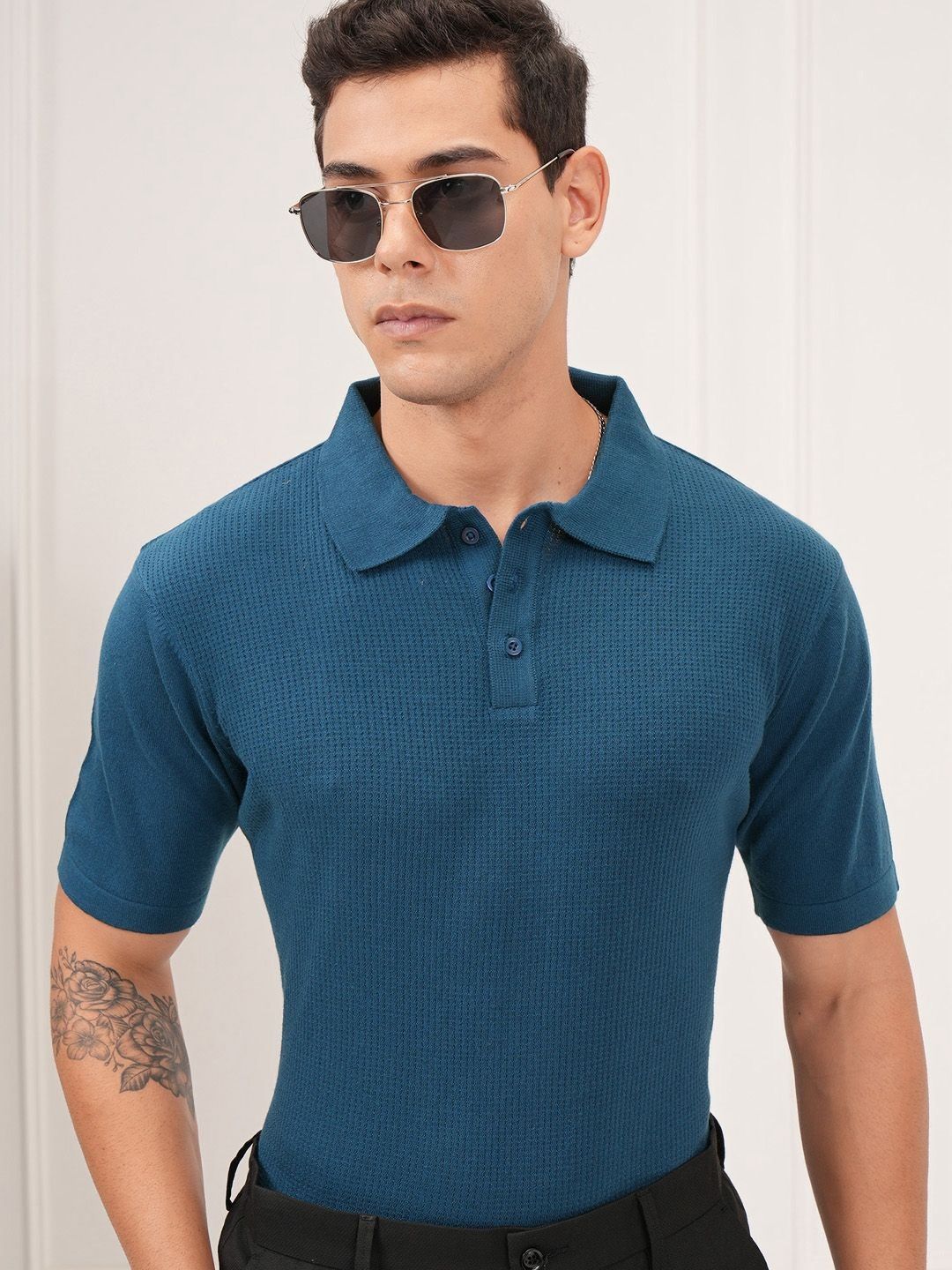 HIGHLANDER Men Textured Relaxed Fit Knitted Polo Collar T-shirt