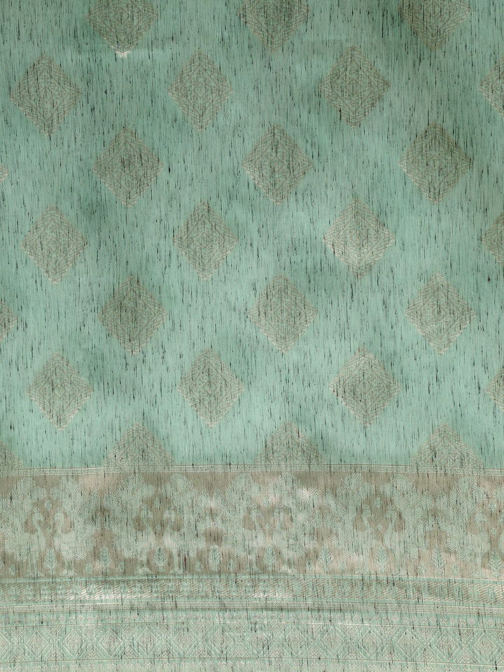 Saree mall Sea Green & Silver-Toned Linen Blend Woven Design Banarasi Saree