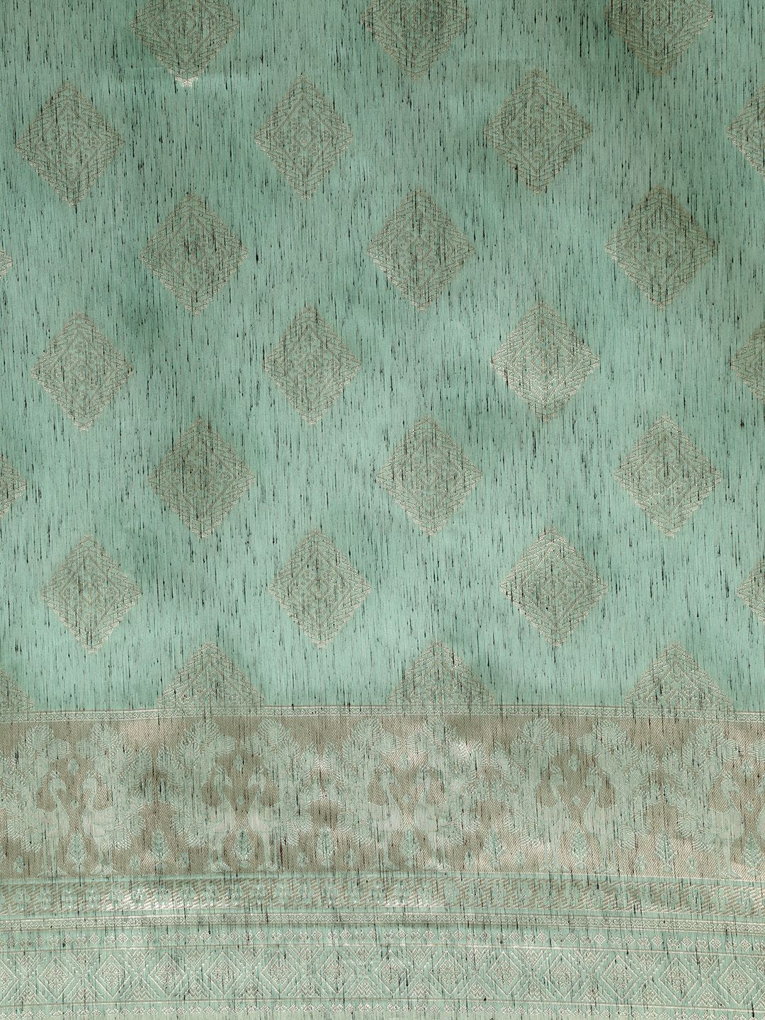 Saree mall Sea Green & Silver-Toned Linen Blend Woven Design Banarasi Saree