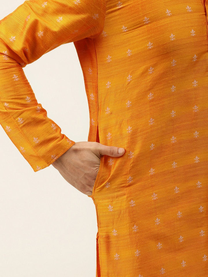 SOJANYA Men Orange Ethnic Motifs Kurta with Churidar & Nehru Jacket