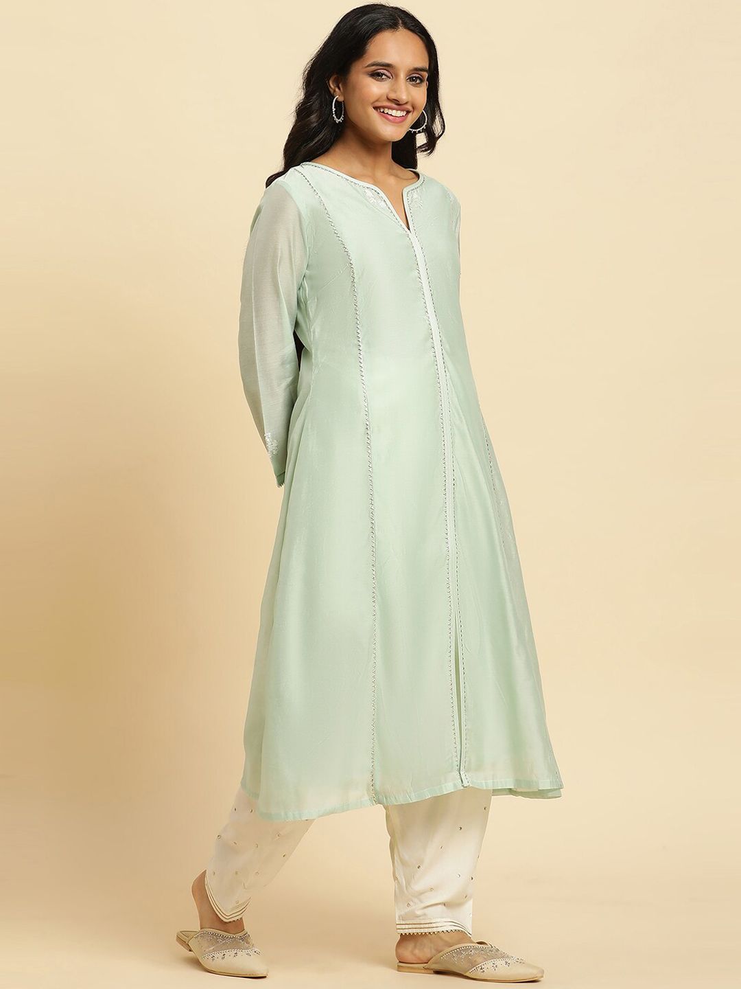 W Green Round Neck Gotta Patti A-Line Kurta