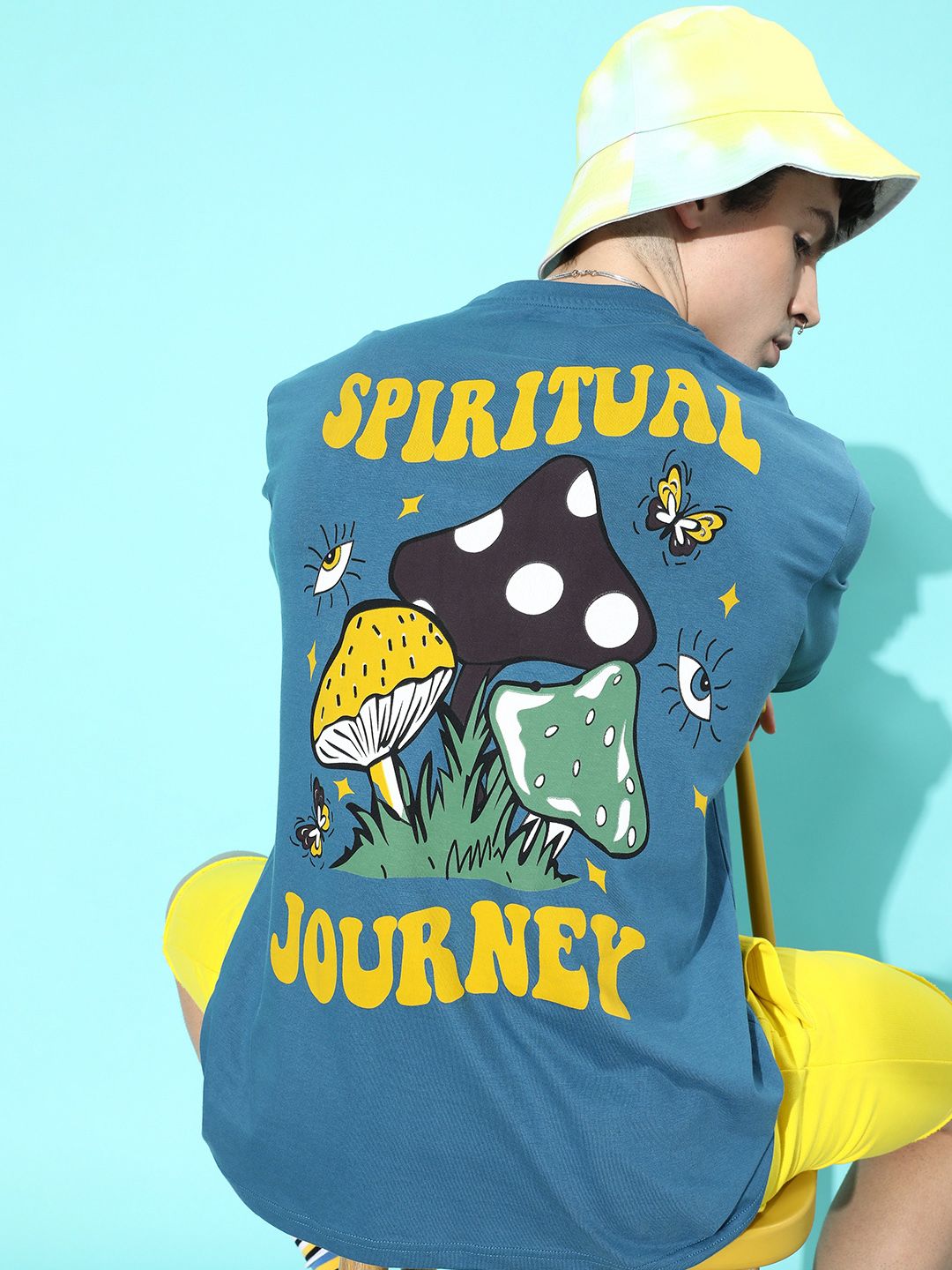 Difference of Opinion Men Blue Conversational Printed Pure Cotton Oversized T-Shirt