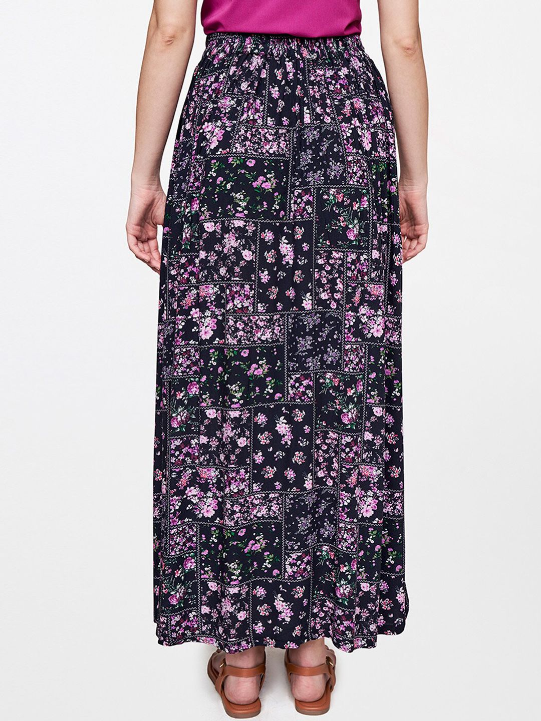 AND Women Purple & Black Printed Viscose Rayon Maxi A-Line Skirt