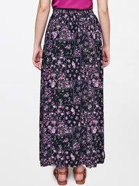 AND Women Purple & Black Printed Viscose Rayon Maxi A-Line Skirt