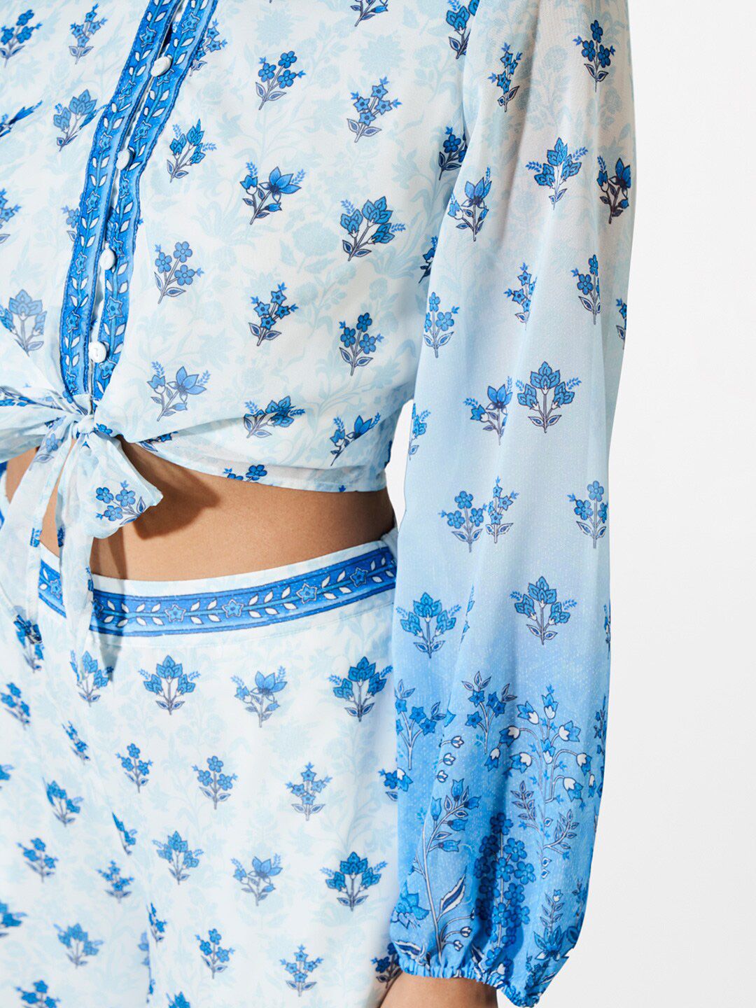 Global Desi Blue & White Printed Top with Palazzo