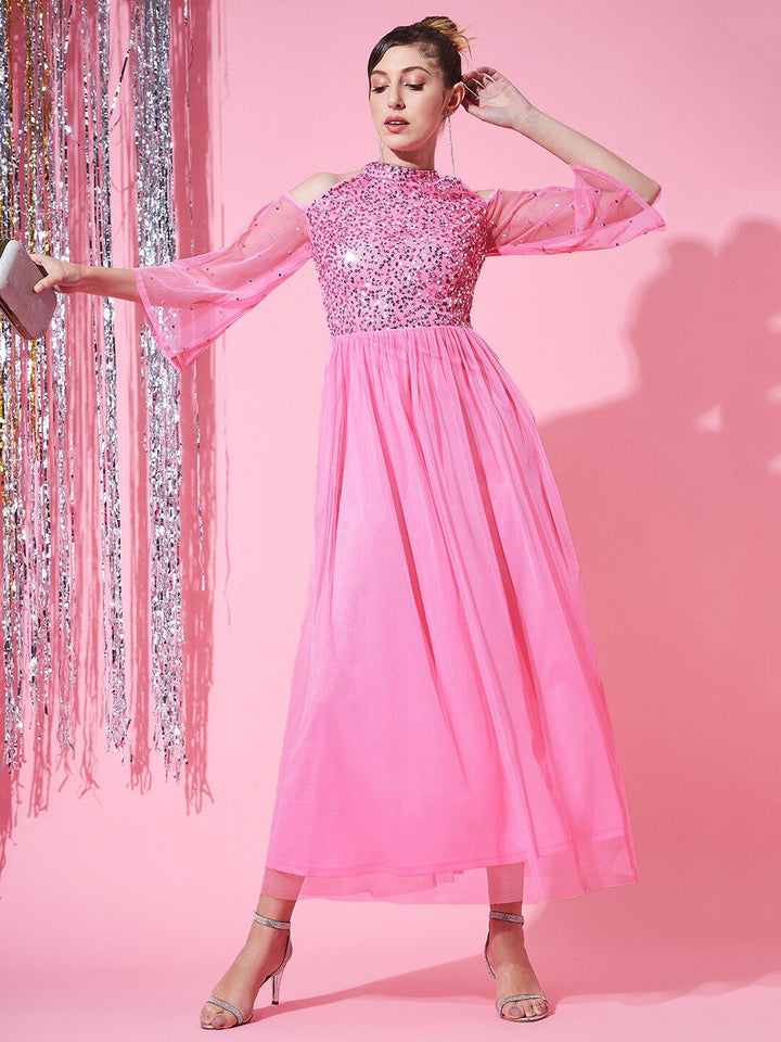 STREET 9 Women Floral Halter Neck Net Maxi Dress