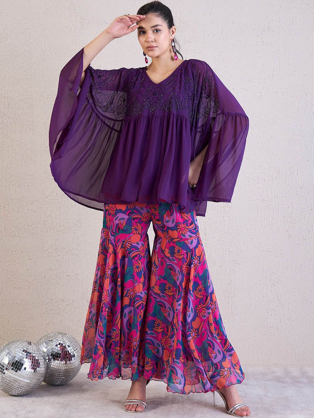 Antheaa Purple Embellished V-Neck Three Quarter Sleeve Top & Sharara