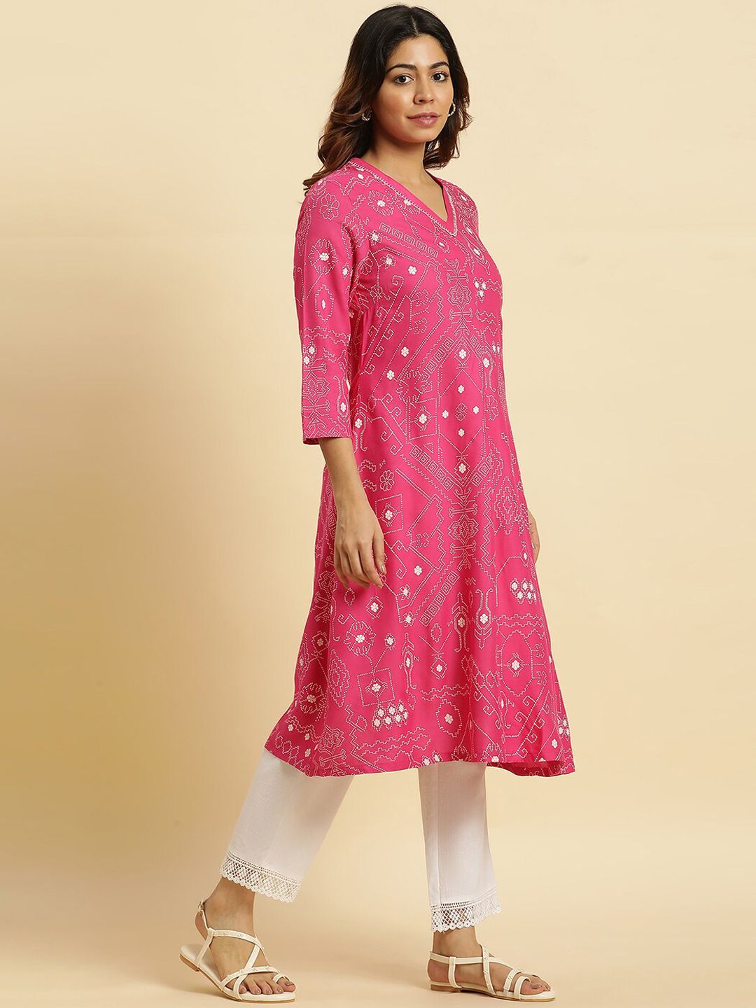 W Ethnic Motifs Printed V-Neck Straight Kurta