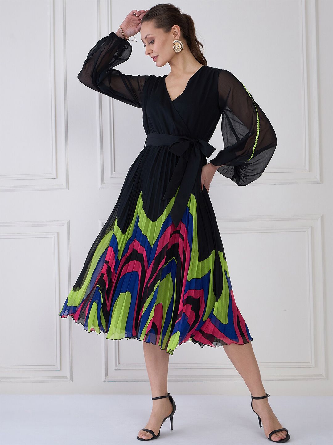 Antheaa Women Puff Sleeve Midi Wrap Dress