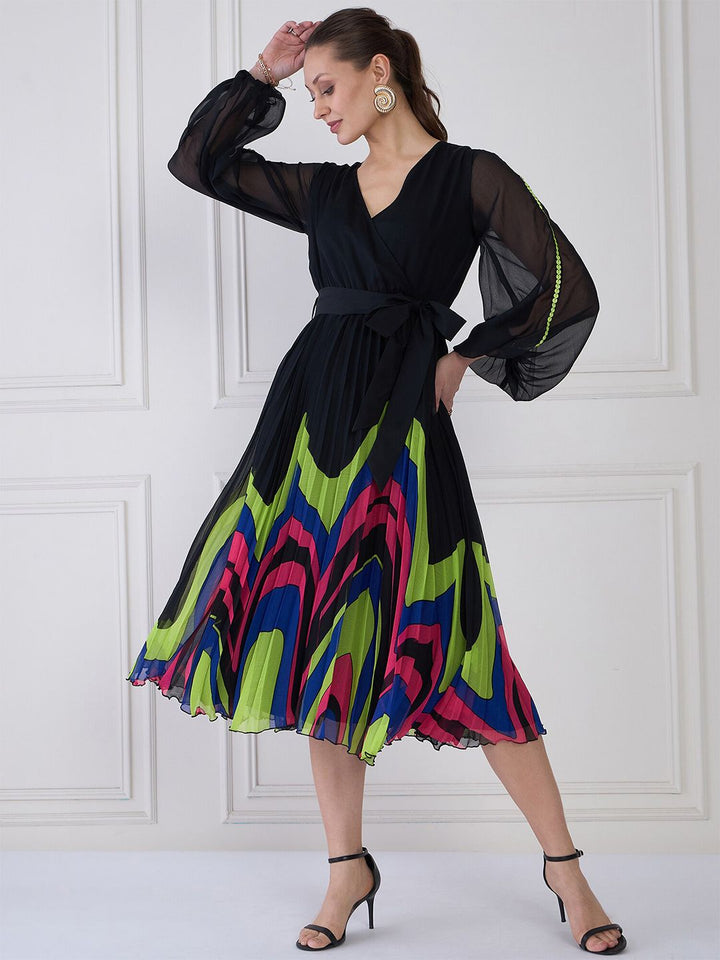 Antheaa Women Puff Sleeve Midi Wrap Dress