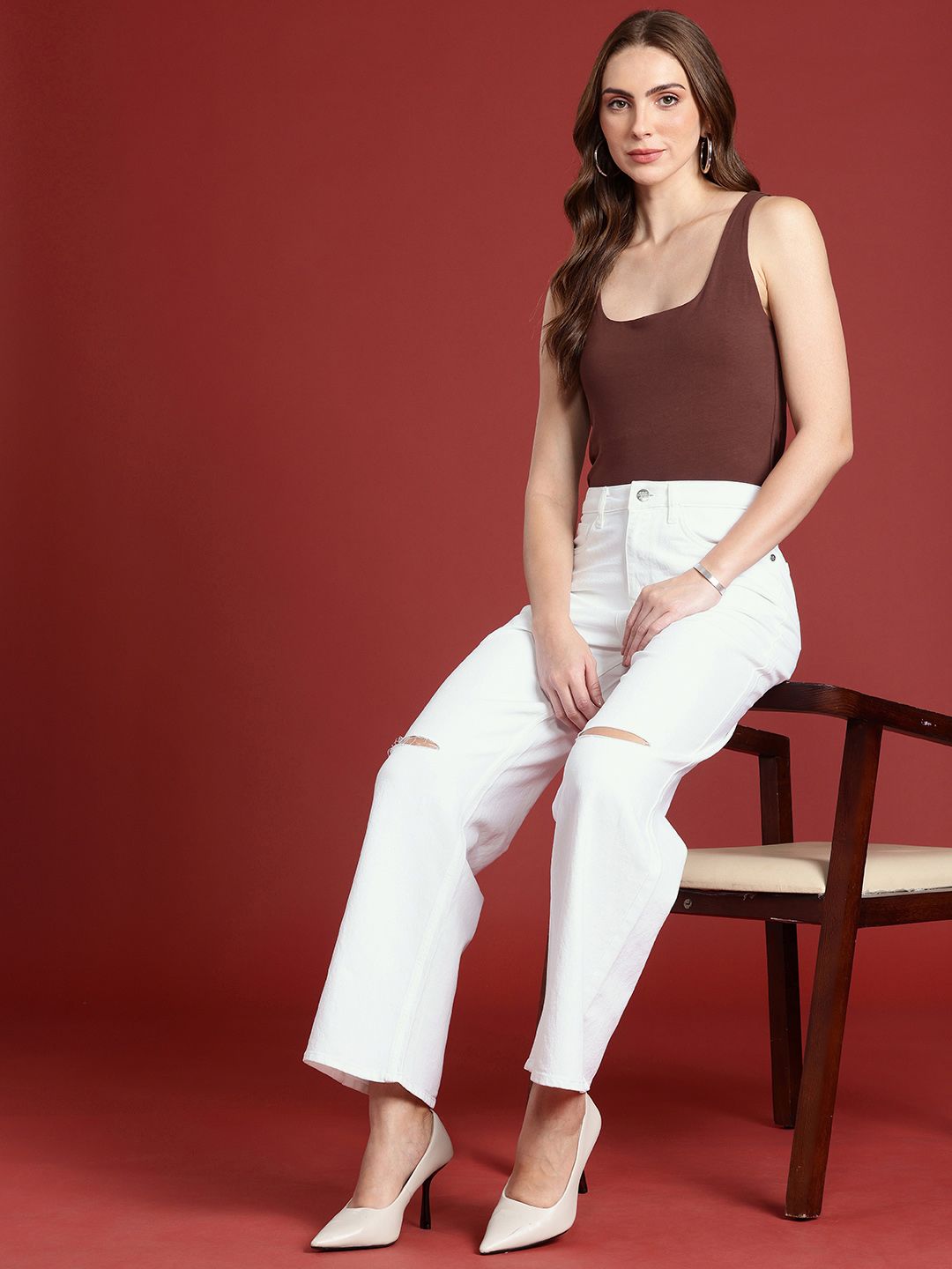 all about you Women Straight Fit High-Rise Slash Knee Stretchable Jeans