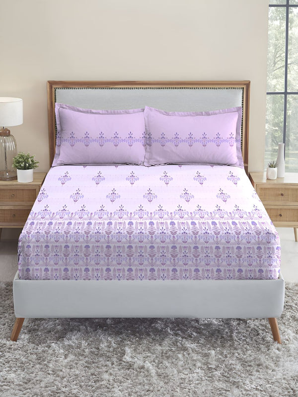 MYTRIDENT Lilac Affair Soft Comfort Fitted 210TC King Pure Cotton Fittedsheet & 2 Pillow Covers