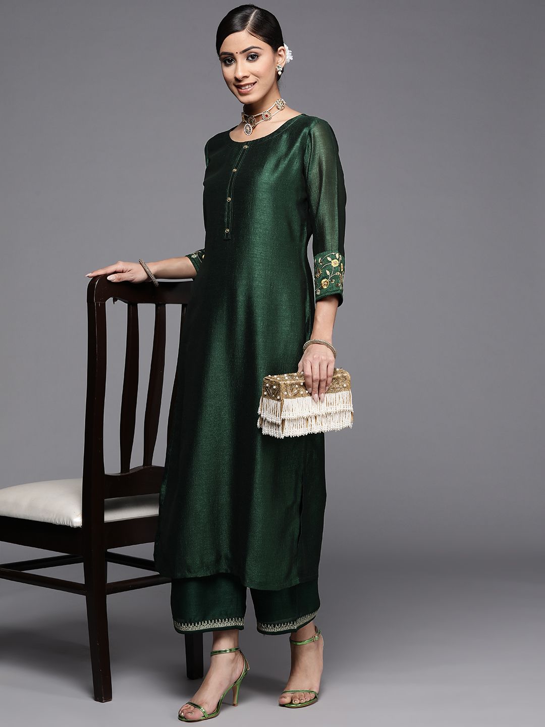 Libas Women Green Thread Work Kurta