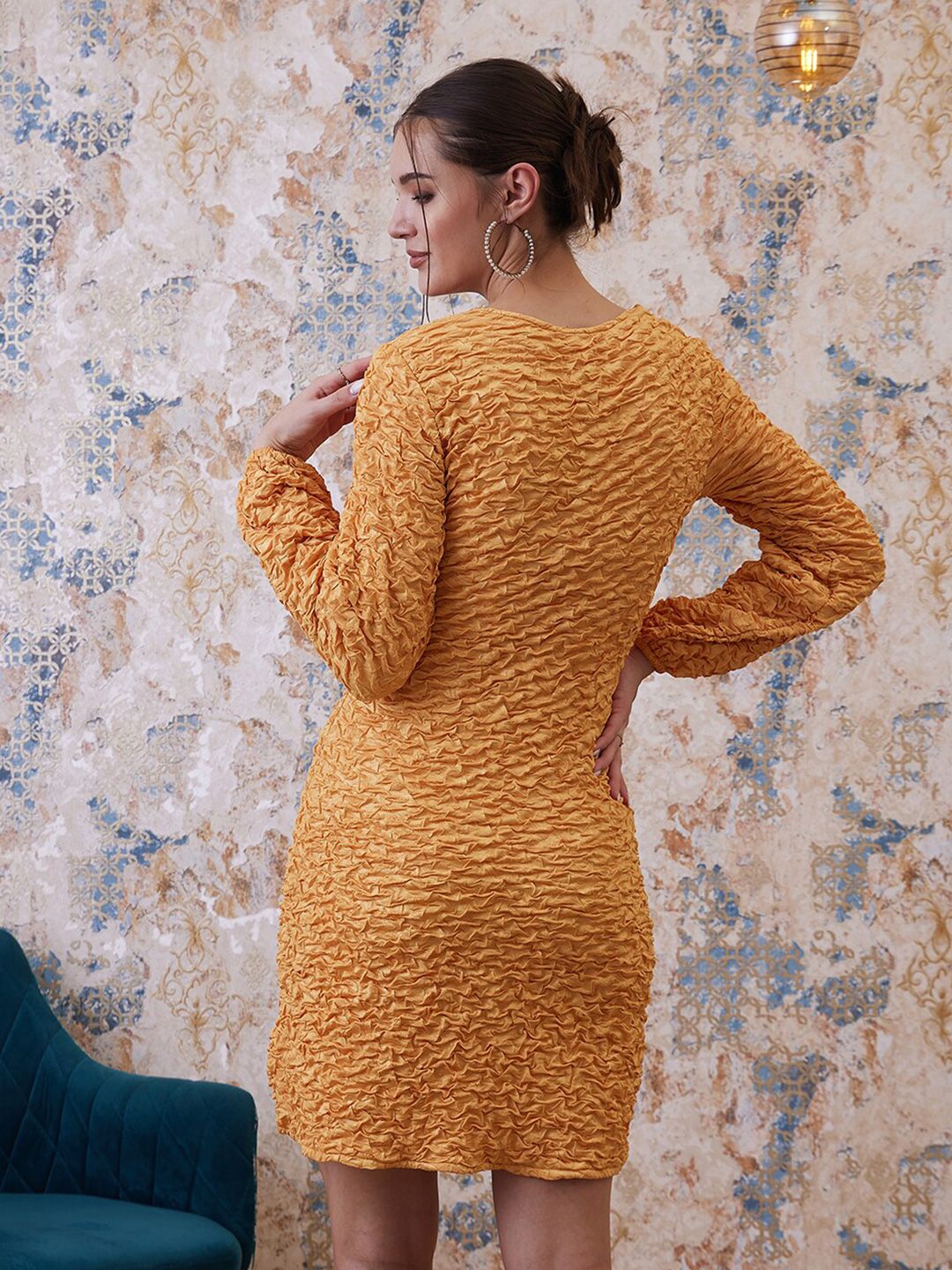 Athena Yellow Self Design Textured Sweatheart Neck Bodycon Dress