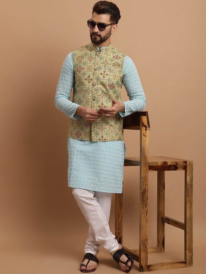 SOJANYA Kurta Kapas Tulen Sulaman Bunga Dengan Churidar & Dengan Jaket Nehru